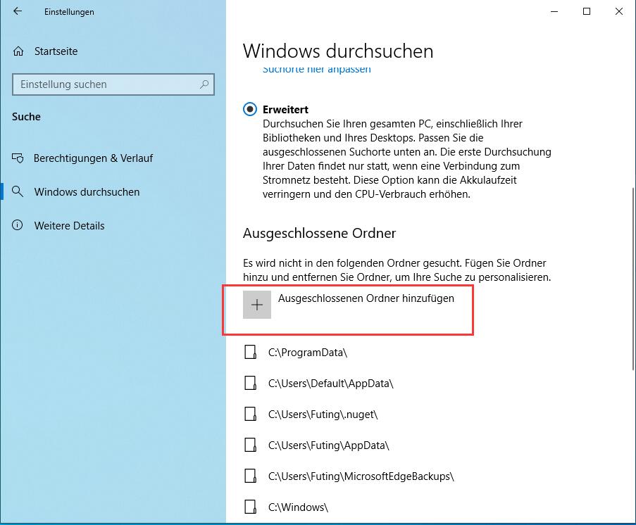 Erweiterten Suchmodus Windows 10